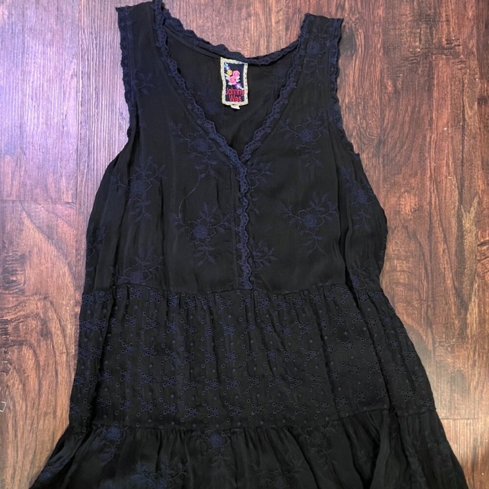 Johnny Was Black Embroidered Sleeveless Boho Dress Size M